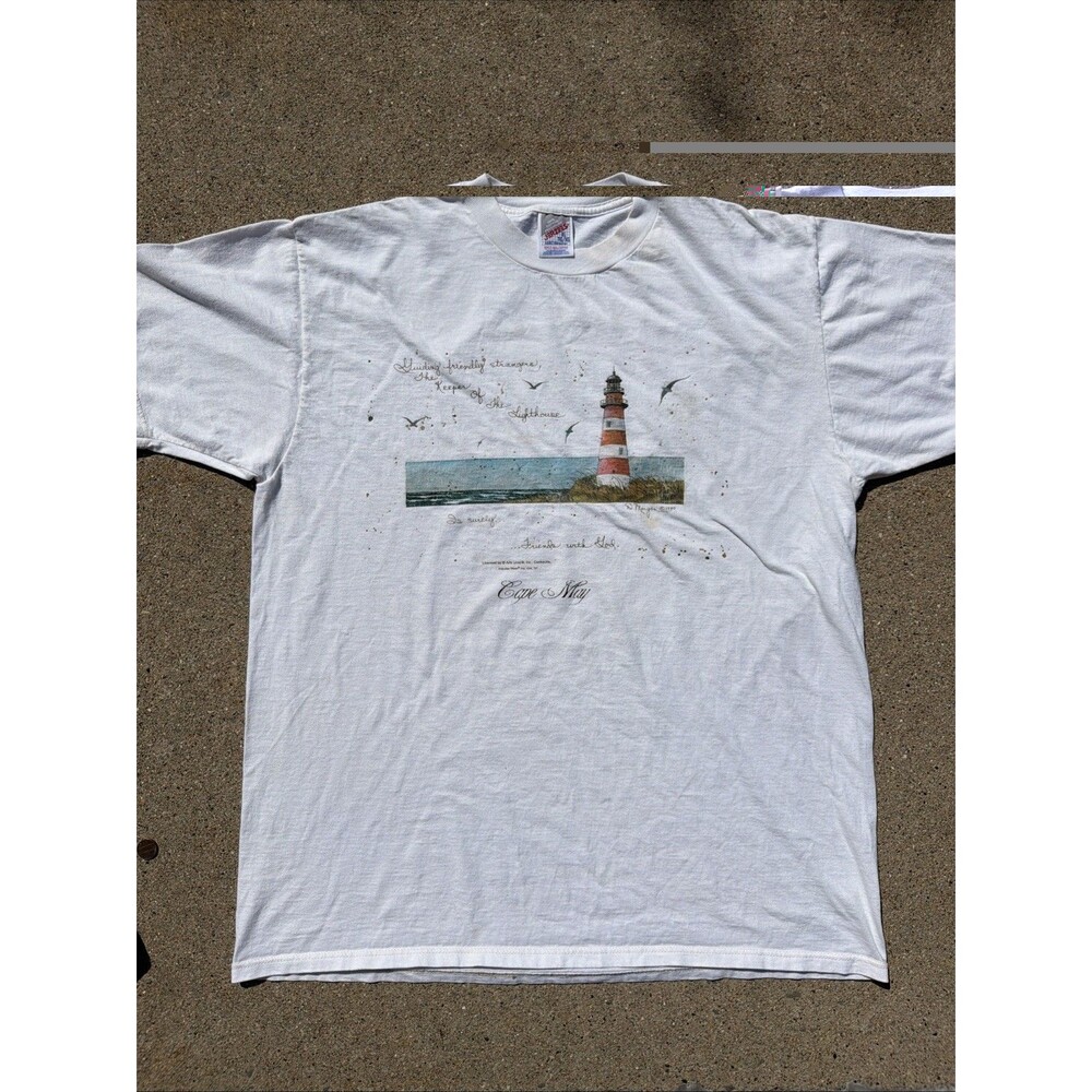 Vintage Jerzees Cape May Lighthouse God Nature Quote 1990 White XL Shirt